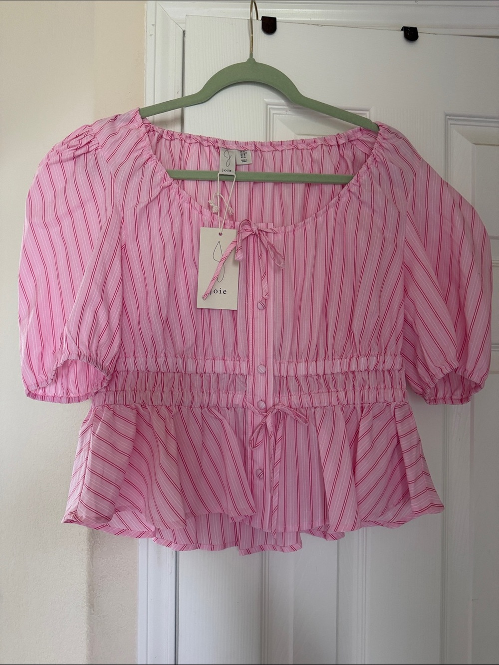 Joie Pink Striped Peplum Tie-Front Blouse